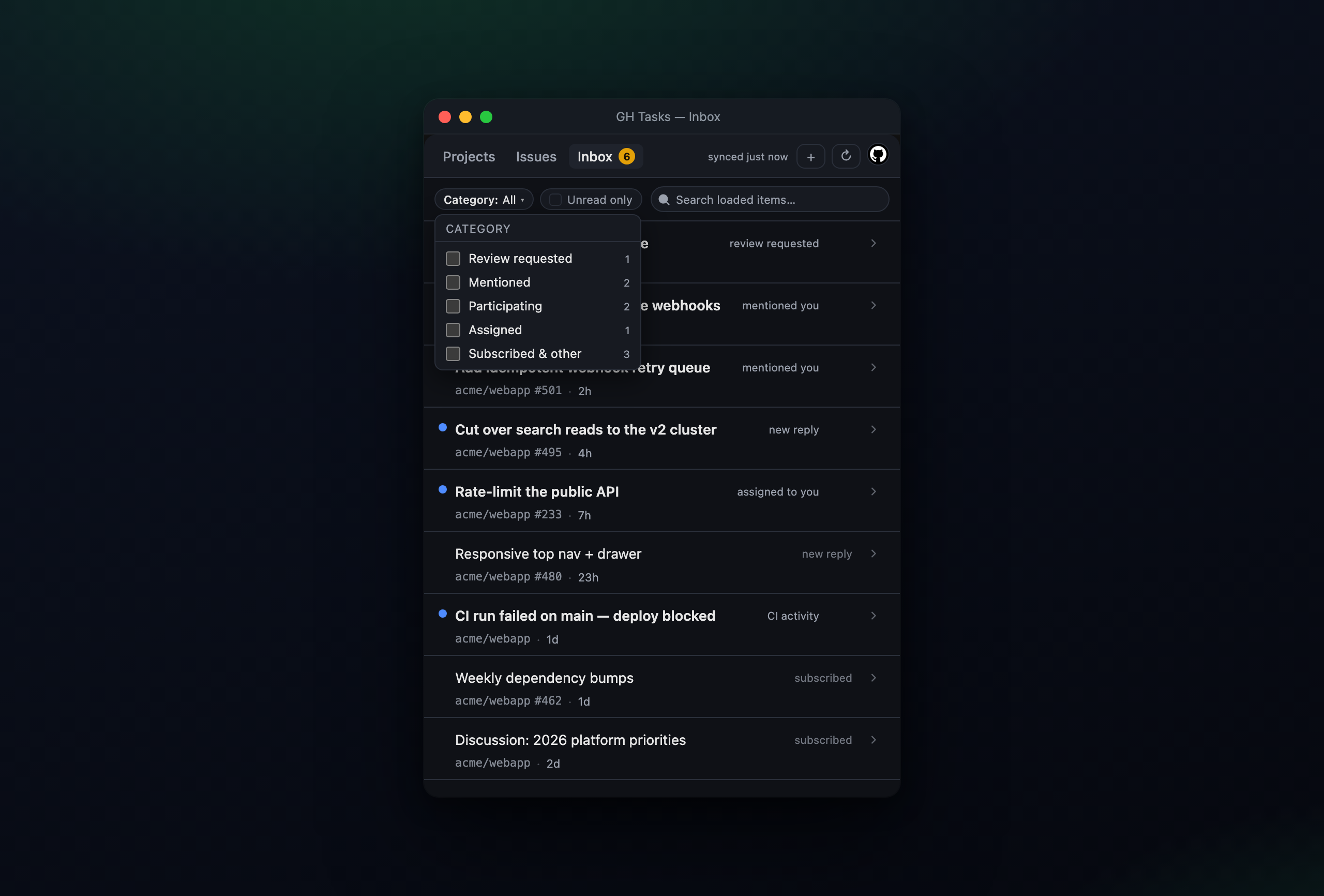 The Inbox with its multi-select category filter open