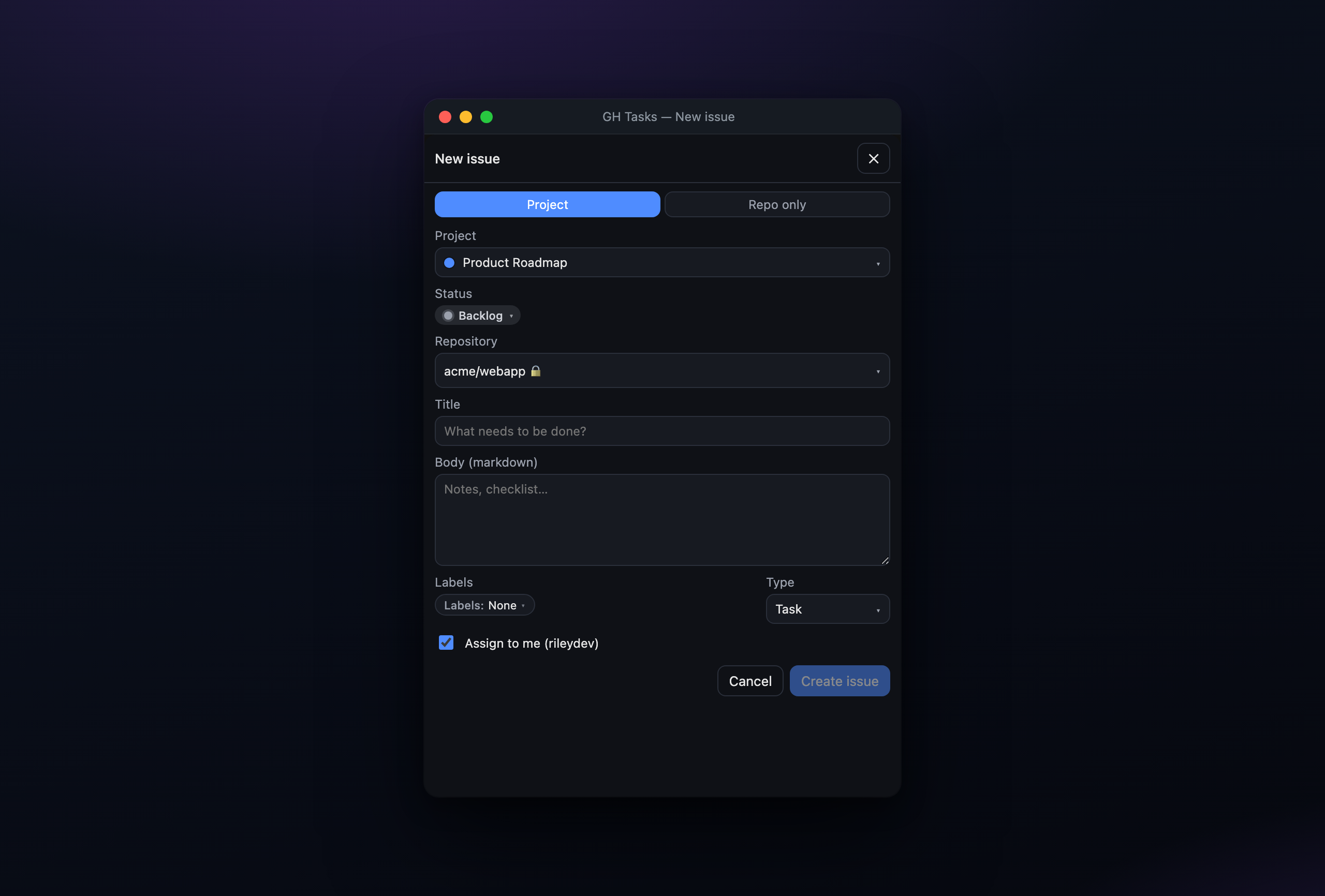 Create a new issue with optional project attach