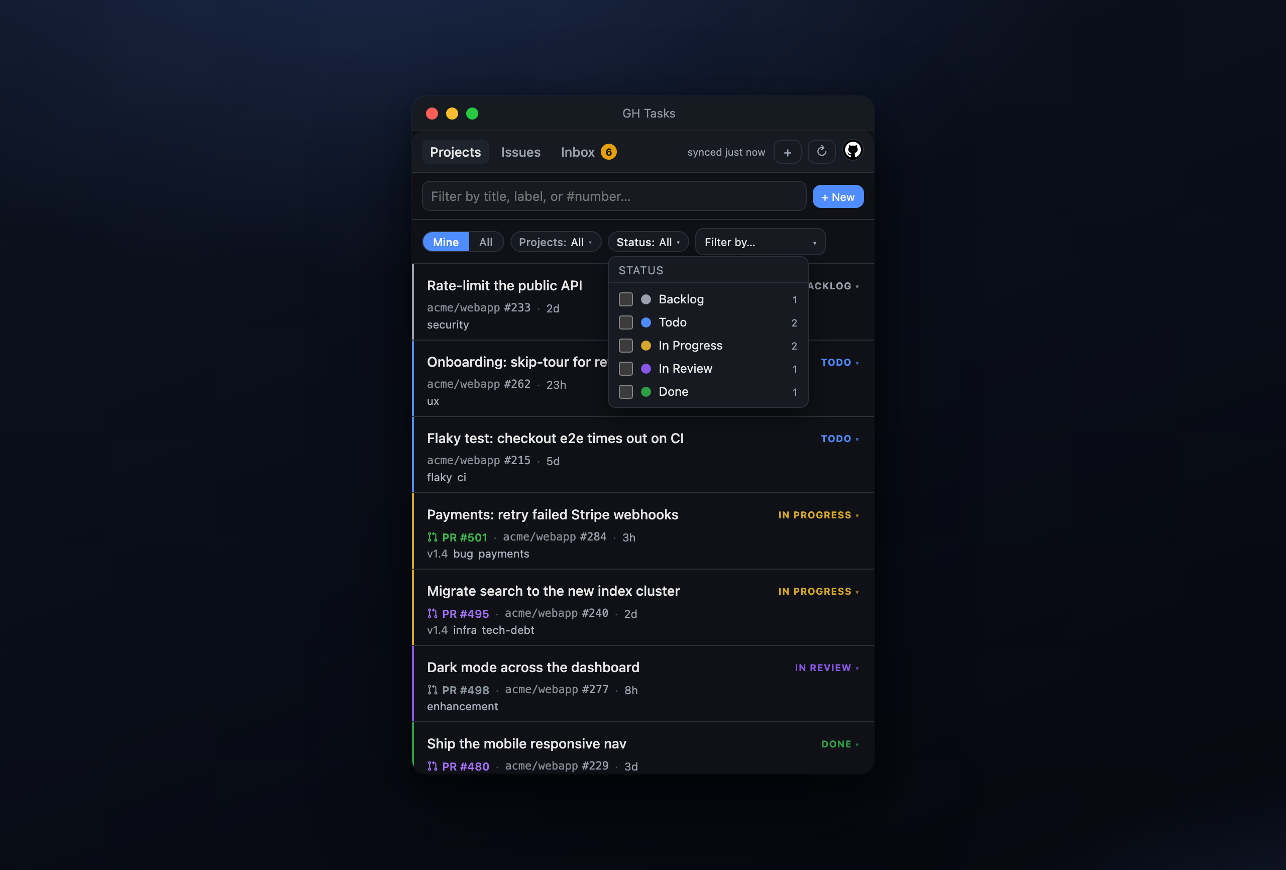 Multi-select status filtering on the Projects board