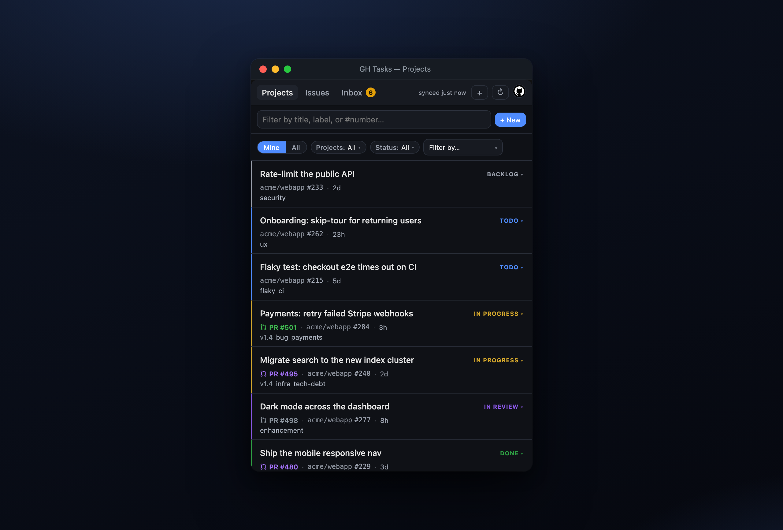GH Tasks showing a cross-repo Projects board in the menu bar
