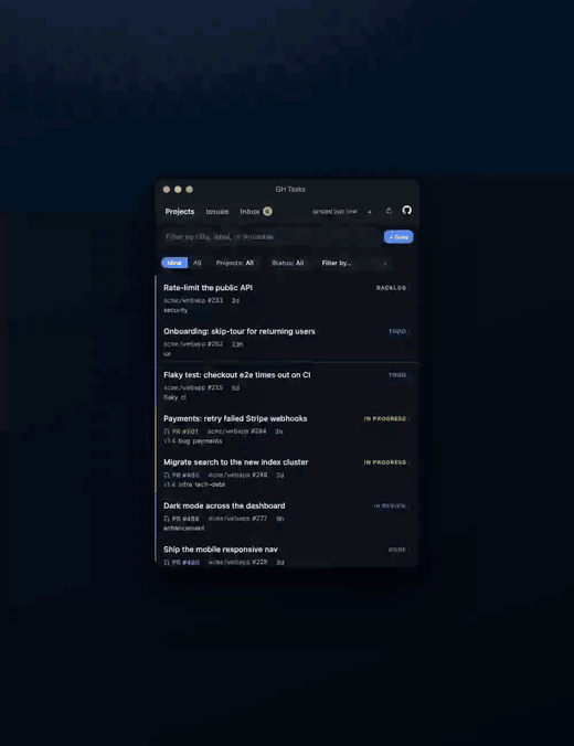 GH Tasks demo — Projects board, status filters, Issues, and the notifications Inbox